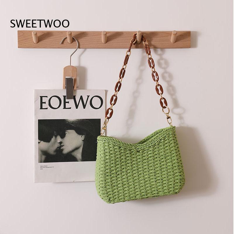Paper Straw Color - กระเป๋าสะพายไหล่สานสีพื้นแบบโปร่ง กระเป๋าถือใต้วงแขน หลายสี น้ำหนักเบา กระเป๋าสะพายข้างชายหาดสำหรับผู้หญิง ฤดูร้อน