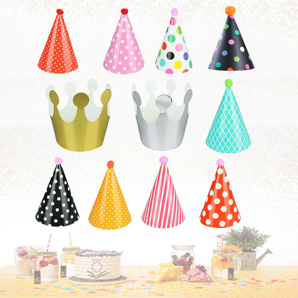 Party Hat Cone - หมวกทรงกรวยสำหรับงานวันเกิดสัตว์เลี้ยง 11 ชิ้น สำหรับสุนัขและแมว ลายเค้กพร้อมกระดาษคอนเฟตติ ตกแต่งโต๊ะด้วยหมวกกระดาษปอมปอม