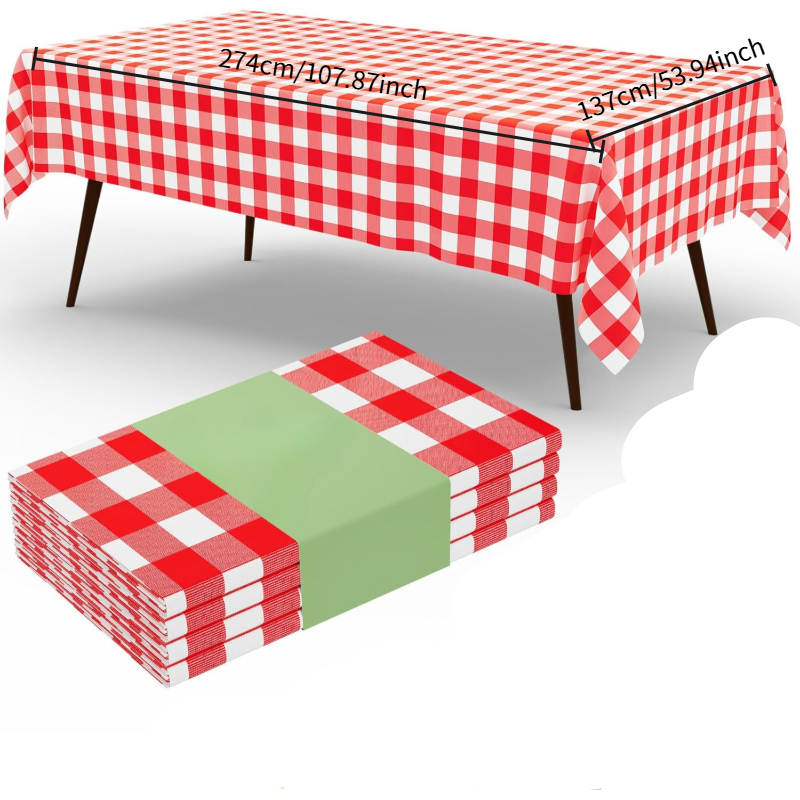 Table Cloth Disposable - ผ้าปูโต๊ะลายตารางสีแดงขาวทรงสี่เหลี่ยม กันน้ำ ใช้แล้วทิ้ง/นำกลับมาใช้ใหม่ได้ สำหรับปิกนิก งานวันเกิด และวันแม่