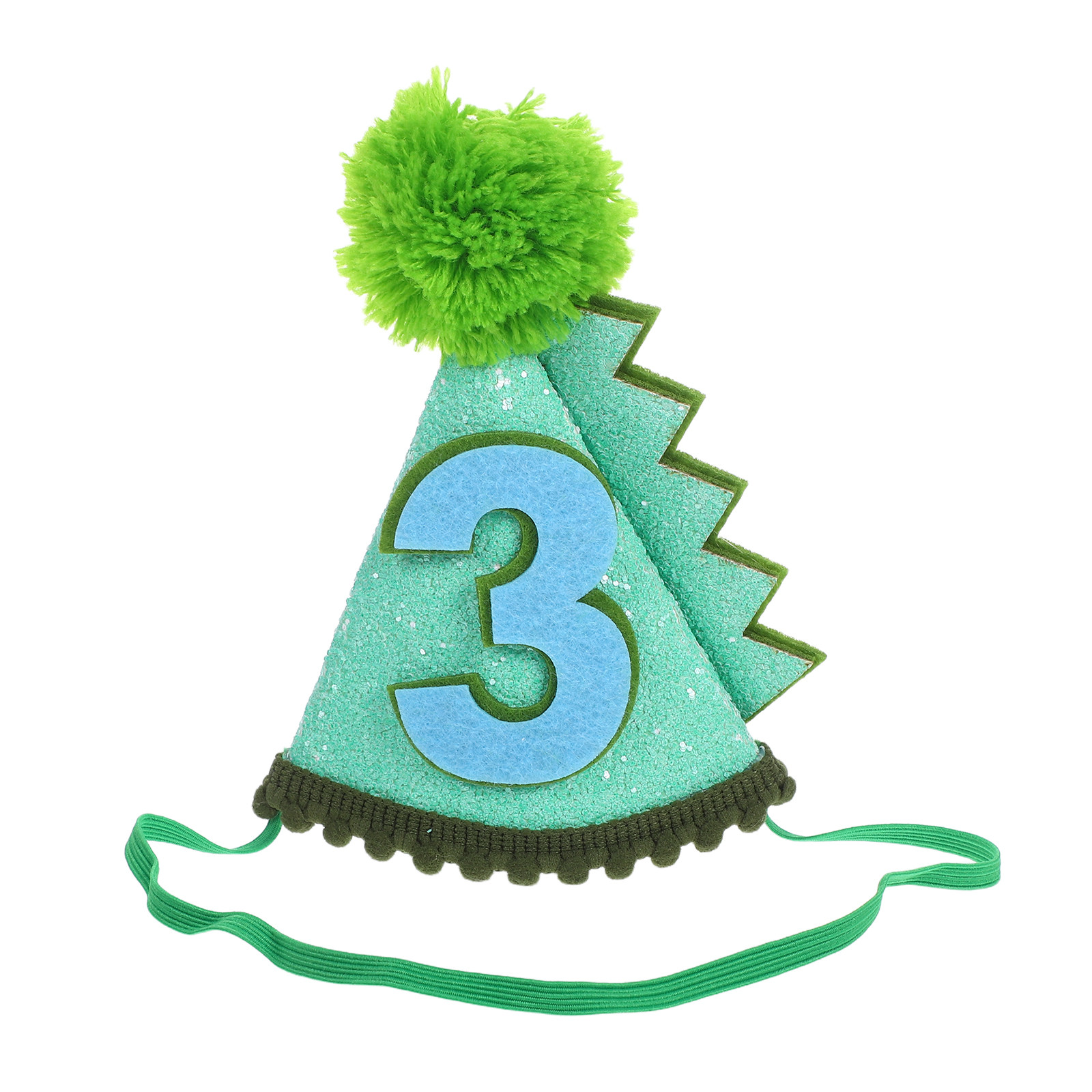 Party Hat Cone - หมวกวันเกิดไดโนเสาร์ ทรงกรวยสีเขียว ประดับเลื่อม หมายเลข 3 สำหรับงานปาร์ตี้